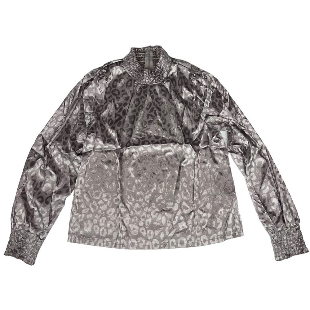 Shein Grey Mock Neck Leopard Print Long Sleeve Top Size M NWOT